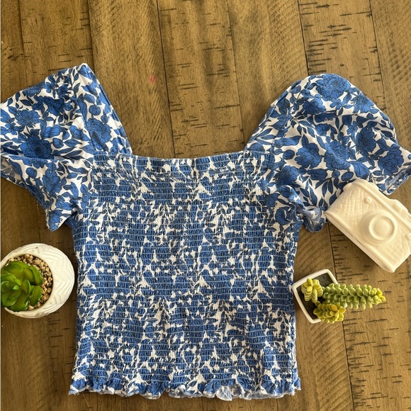 Japna Blue and White Puff Sleeve Smocked Blouse - Picture 1 of 8
